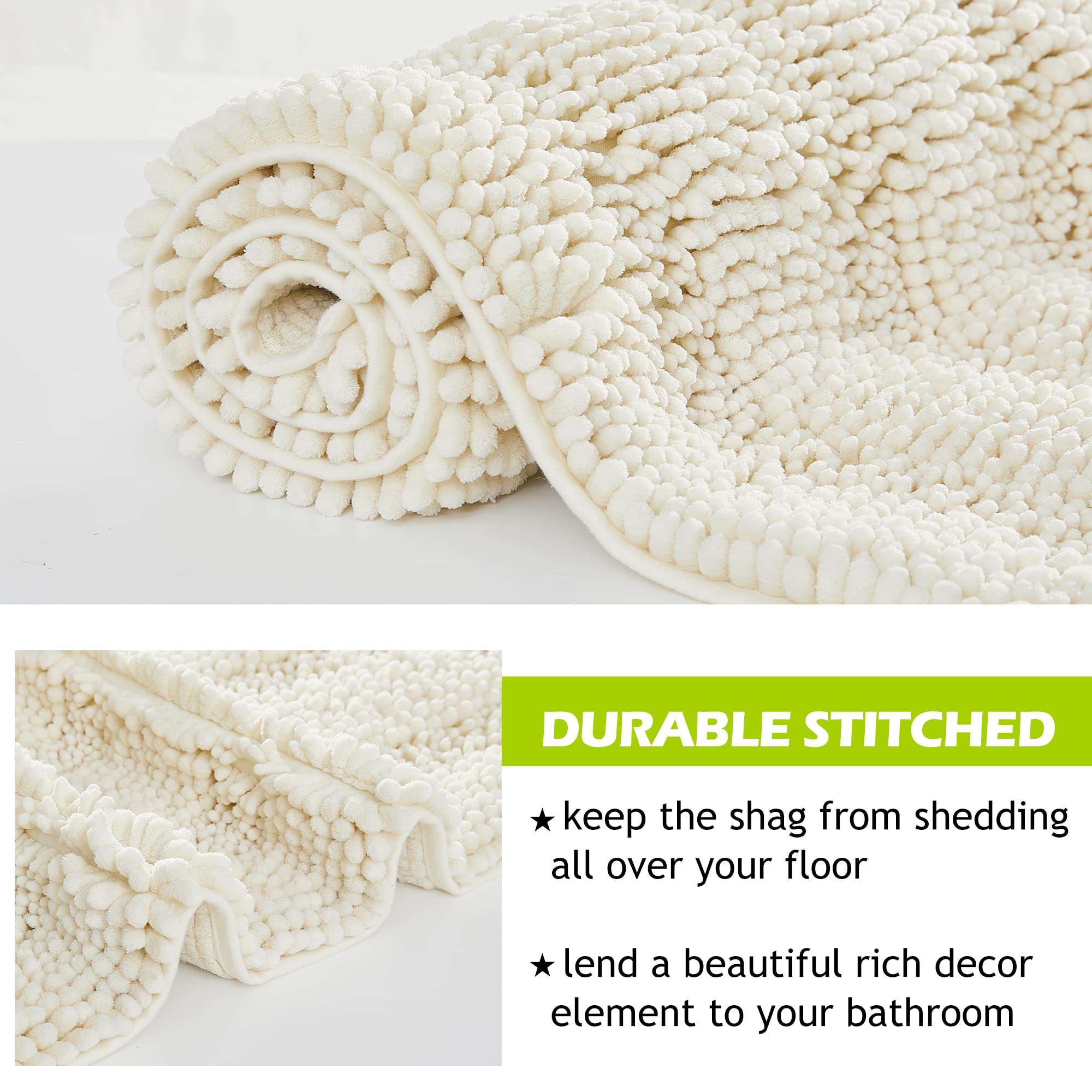 Bath Mat for Bathroom - White Super Soft Shower Rug Non-Slip Washable Absorbent Quick Drying Chenile Bathtub Floor Carpet  Cream 60 x 24  1 Piece